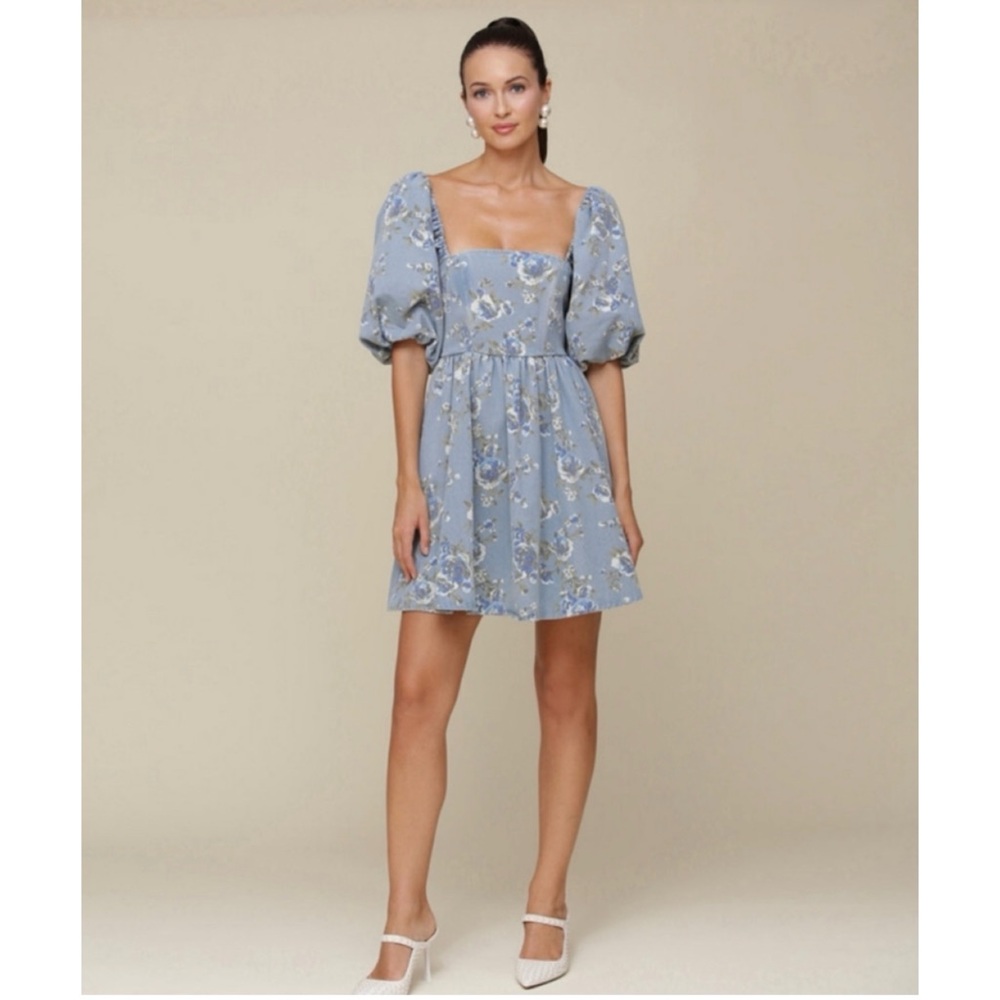 SOLD OUT❗️ Blue Floral Puff Sleeve Dress (M) - Picture 2 of 7